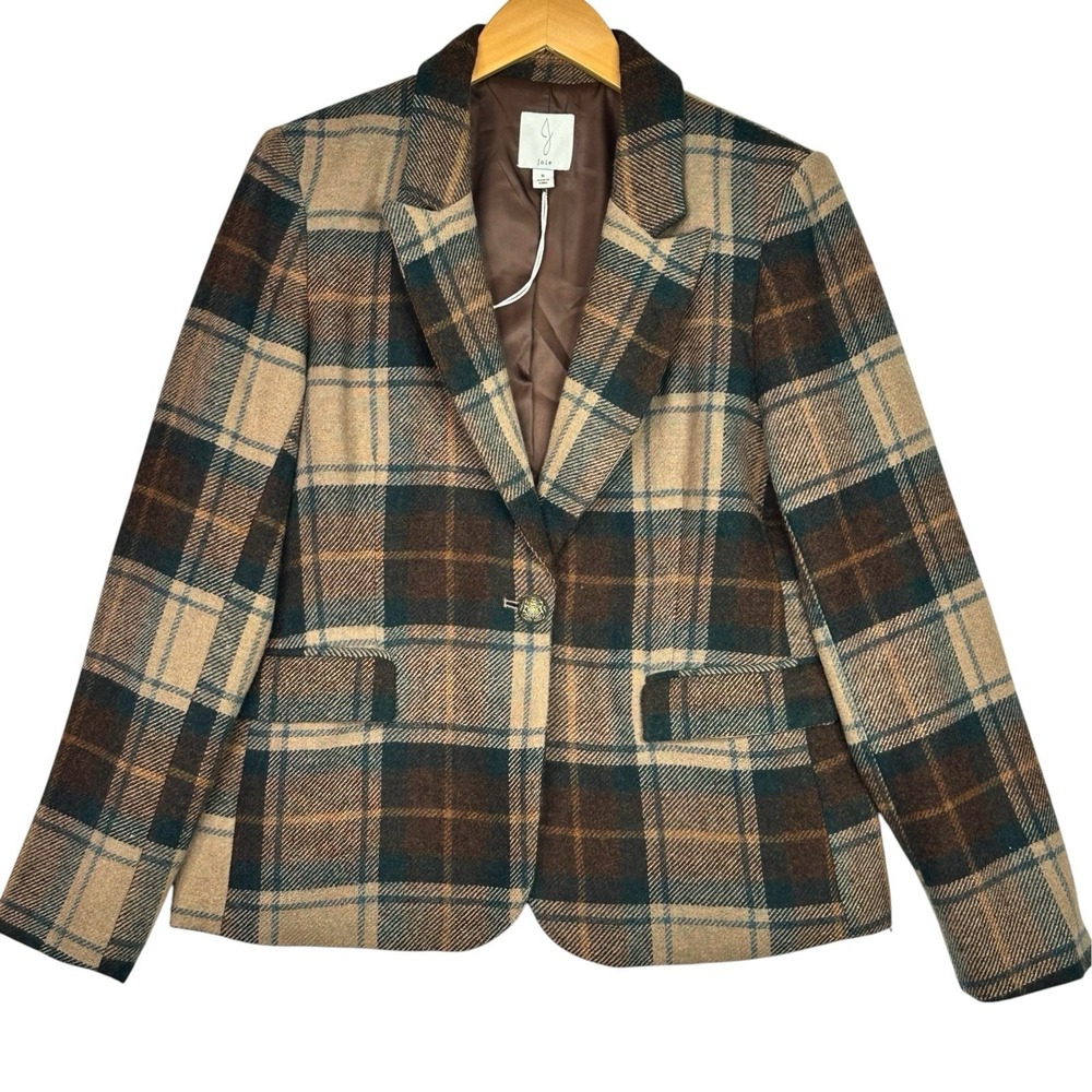 Joie Plaid Wool Blend Blazer Womens 8 Brown Green Elbow Patch Jacket Preppy NWT